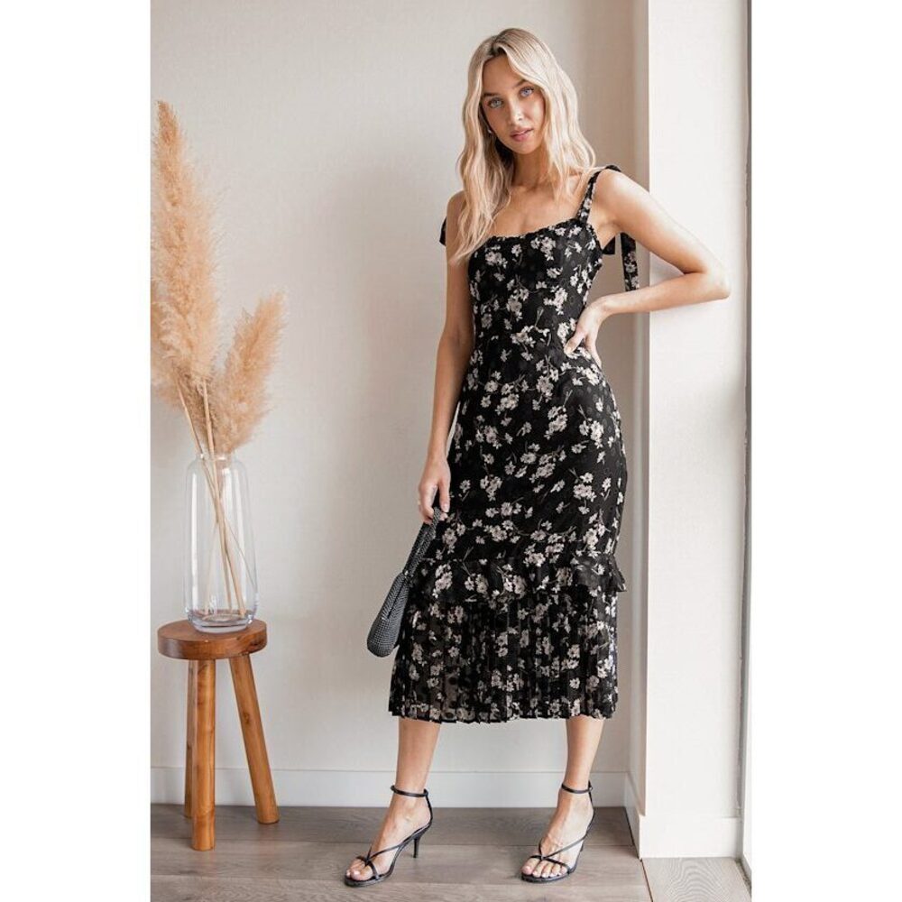 Lulus Terrace Views Black Floral Print Tiered Midi Dress - Size XL